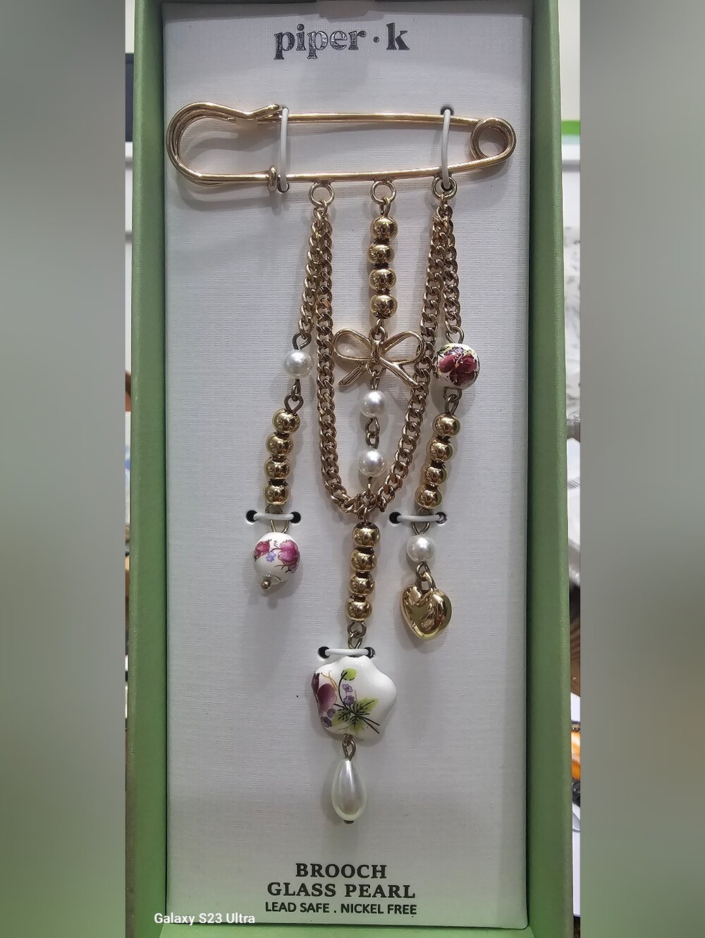 NWT Piper K Gold Charm Brooch Safety Pin Glass Pearl Floral Heart NEW